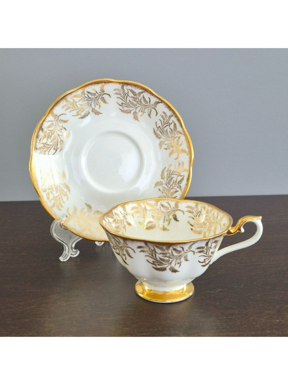 Vintage Royal Albert White & Heavy Gold Teacup & Saucer, Elegant Fern Design